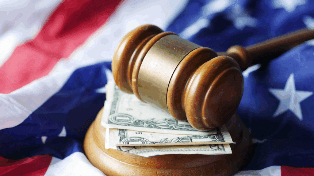 American flag in background with a judge's gavel on a stack of bills
